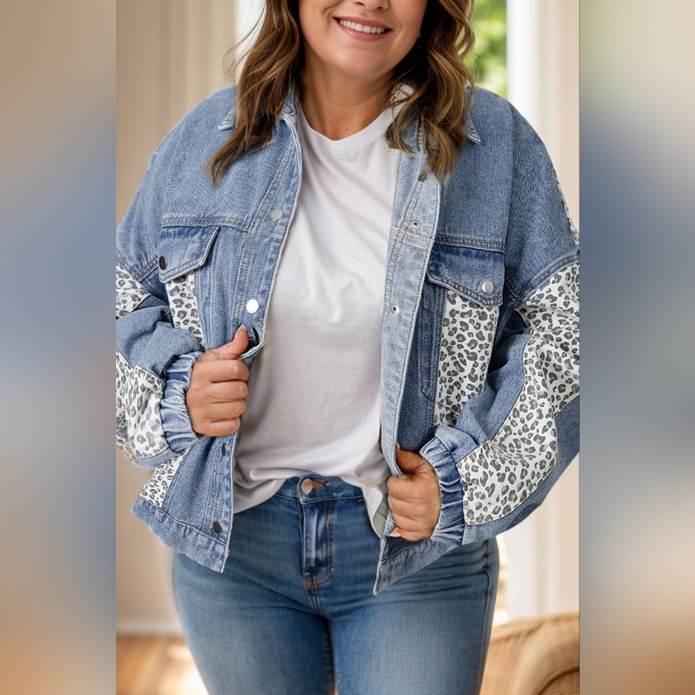 Leopard Print Patchwork Denim Long-sleeve Blue Jean Jacket Plus Size Snap Front